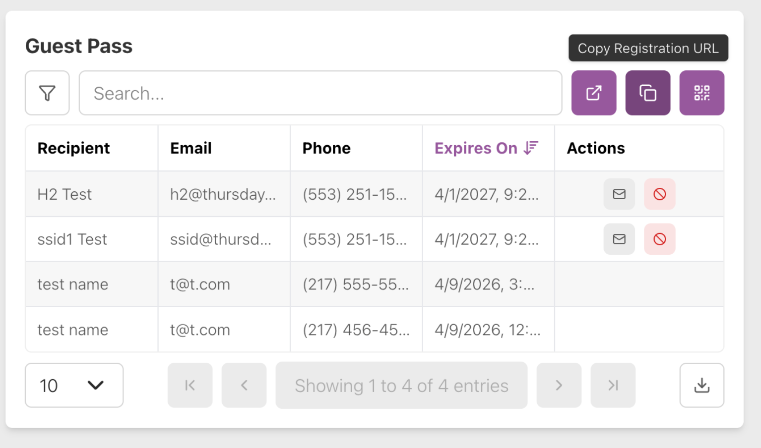 Copy Registration URL button