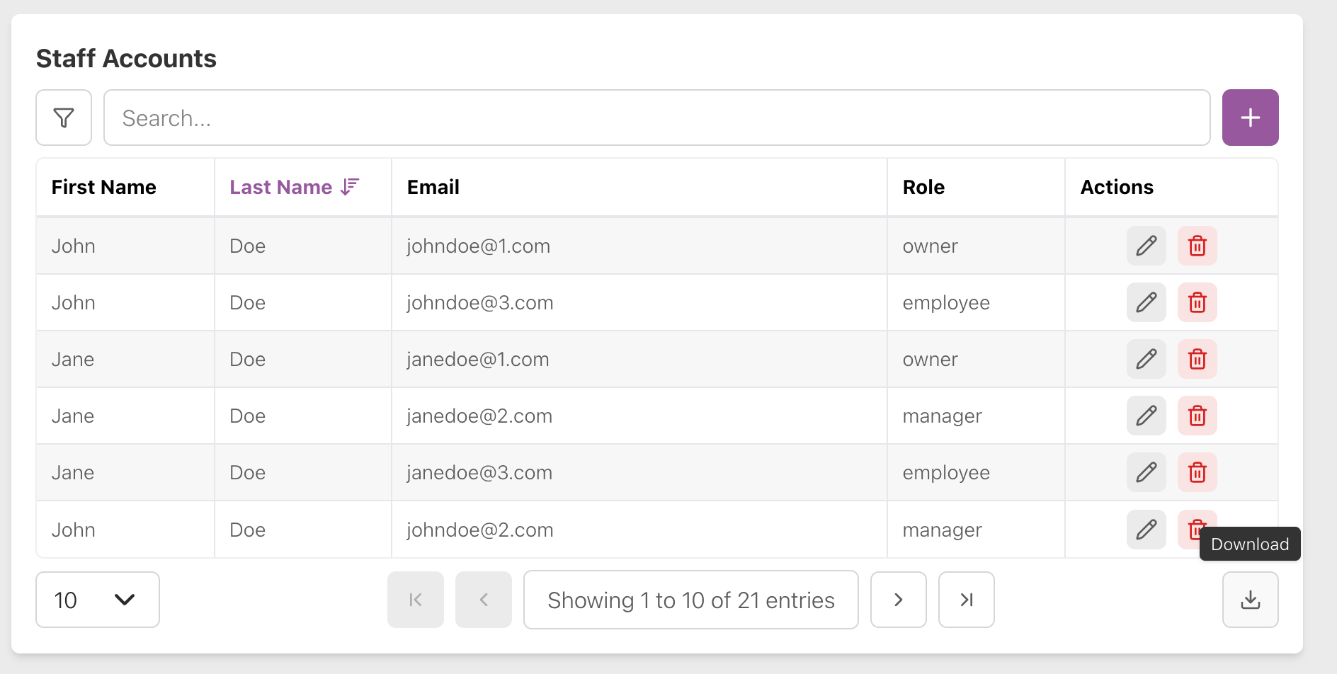 Staff Accounts download CSV button